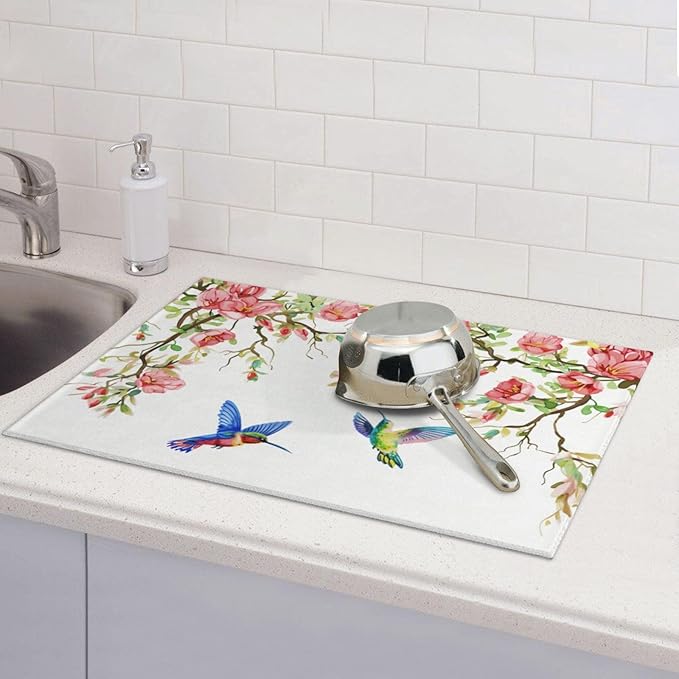 Hummingbird Butterfly Magnolia Dish Drying Mat 18x24 For Kitchen Counter Absorbent Microfiber Dishes Pad Dish Drainer Rack Mats Fast Dry Kitchen Accessories