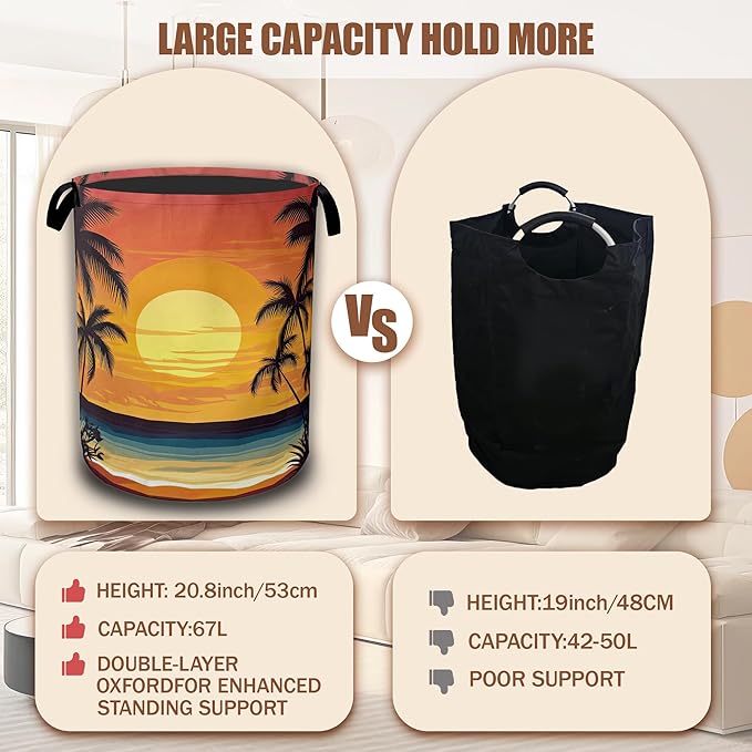 Tropical Palm Tree Sunset Beach Laundry Basket, Laundry Hamper Waterproof Oxford Cloth Tote Collapsible,Clothes Storage Bucket Decorative Toy Organizer For Bathroom Bedroom 16" x 20.8"