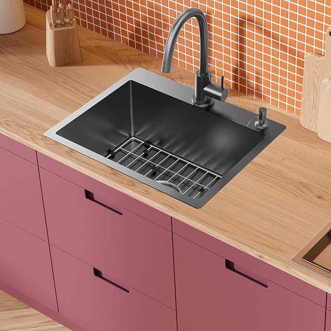 Black 22x18 Inch Kitchen And Bar Sink - Stainless Steel Drop In Small Single Bowl Kitchen Sink With Bottom Grid,Silicon Mat And Drain Assembly Set