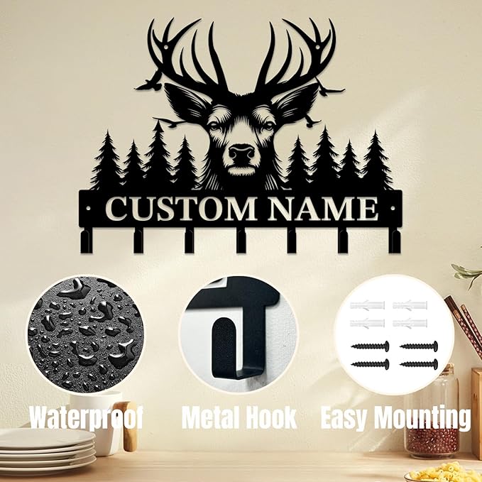 Personalized Custom Name Forest Deer Wall Keys Hooks,Metal Forest Deer Art Clothes Hooks,Metal Forest Deer Wall Home Storage Decorative,For Front Door, Hallway, Kitchen, Bedroom,Keys,Hats (Style E)