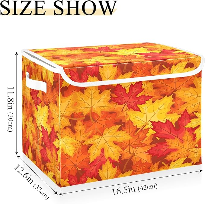 Bolaz Storage Bins with Lids and Handles, Fall Maple Leaves in Autumn Storage Box Storage Basket with Cover Collapsible Organizer Containers for Home Closet, Shelves