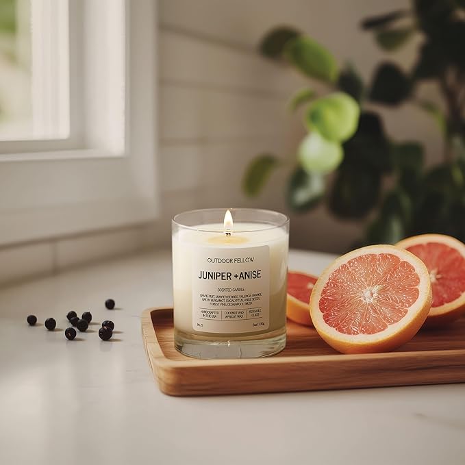 Outdoor Fellow Juniper + Anise Scented Candle, 8oz, Coconut & Apricot Wax Blend, Juniper Berry, Zesty Grapefruit, Citrus Peel, Reusable Glass, 40-50 Hour Burn Time