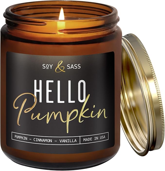 Pumpkin Spice Candle, Fall Candles - 'Hello Pumpkin' Pumpkin Candle I Infused w/Essential Oils I Autumn Scented Soy Candles for Home I Fall Home Décor I 9oz Reusable Jar, 50Hr Burn, Made in USA