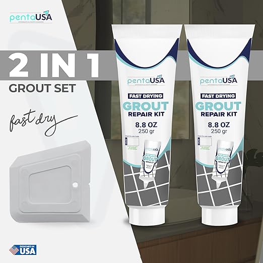 PentaUSA Grout - Premixed Grout Repair Set, 8.8 oz, 2 Pack Tile Grout Tubes, Repairs and Renews Tile Grout in Bathroom and Kitchen, Odorless and Safe Formula - 2 Pack (Grey)