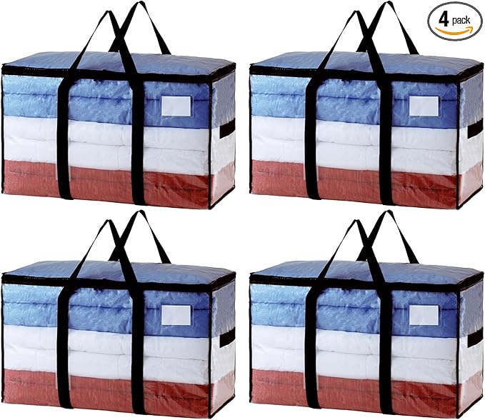 TAILI Extra Large Moving Bags, 4 Pack Clear Heavy Duty Totes for Storage with Visible Window, Wrap Around Handles, Storage Bags for Space Saving, Alternative to Moving Boxes