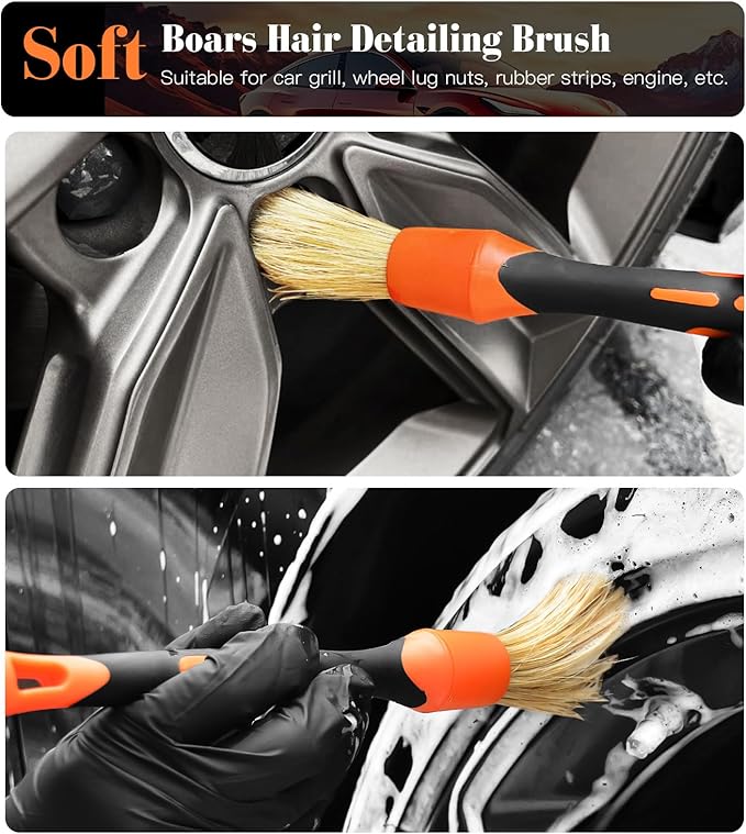 YeewayVeh 3PCS Quick Car Wheel Brush Kit, 2-Size 360° Bendale Rim Cleaner Brushes, Boars Hair Detailing Brush, Fast Scratch-Free Cleaning for Car Wheels, Motorcycle, Orange