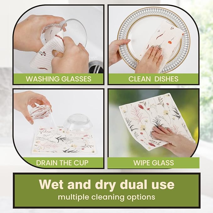 Yelasenari Swedish Dishcloths for Kitchen Reusable 6 Pack Kitchen Towels No Odor Quick-Drying Reusable Paper Towels Reusable Paper Towels Washable for Countertop, Sink, and Kitchen Flower