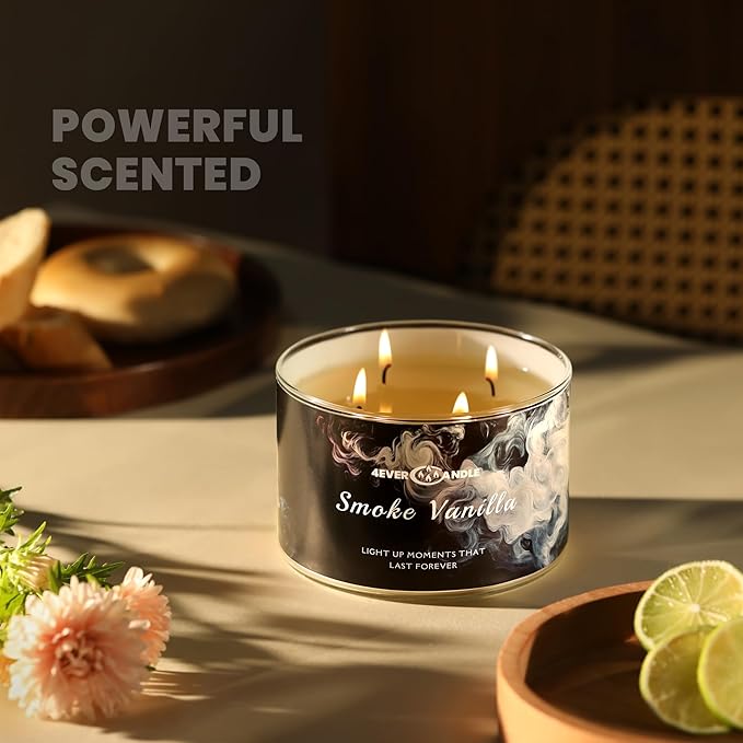 4EVER Scented Candles | 4-Wick 18oz Soy Wax Candle | Up to 50Hrs Clean Burn | Aromatherapy Candles for Home Scented | Gifts for Women & Mom, Smoke Vanilla
