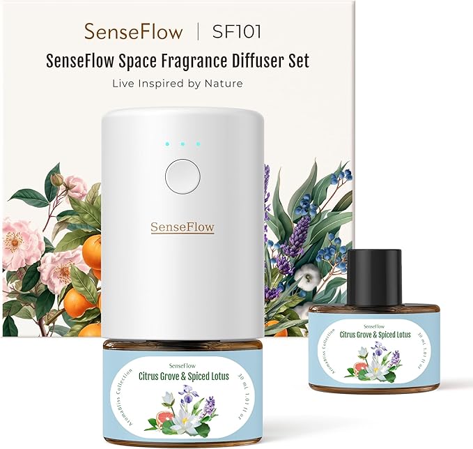 SF101 Pro Plug In Air Freshener, Waterless Essential Oil Diffuser, Non-Toxic Aroma Diffuser, Adjustable 120-Day Natural Scent Mist, Covers 1000 Sq Ft- Free 30ml Citrus Grove & Spiced Lotus