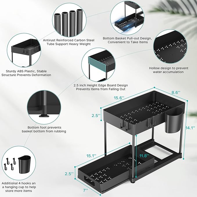 MCIJRJOI Under Sink Organizers and Storage, 2 Pack Large Capacity Heavy Load Pull-out Under Sink Shelves with Sliding Drawer for Kitchen and Bathroom, Dark Black