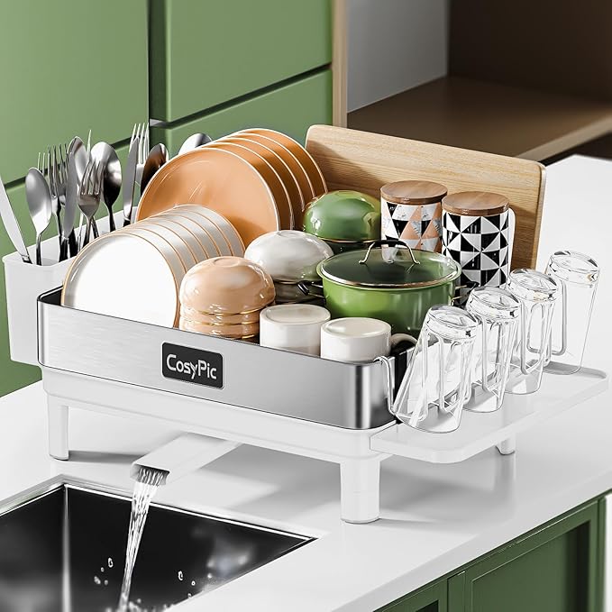 CosyPic Dish Racks, Thicker Premium 304 Stainless Steel Dish Drying Rack for Kitchen Counter, Automatic Drainage Spout, Dish Drainer & Drainboard Set with Utensil Holder and Cup Holder, White