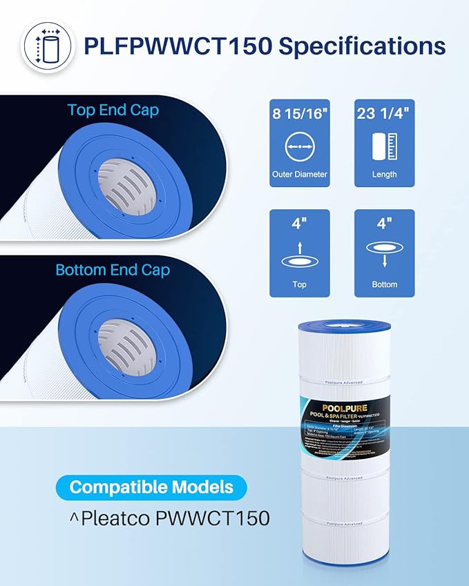 POOLPURE PLFPWWCT150 Pool Filter Replaces PWWCT150, Ultral-B3, Clearwater II ProClean 150, 817-0150N, Unicel 8414, Filbur FC-1287, SD-00210, 150 Sq.ft Filter Cartridge 1PACK