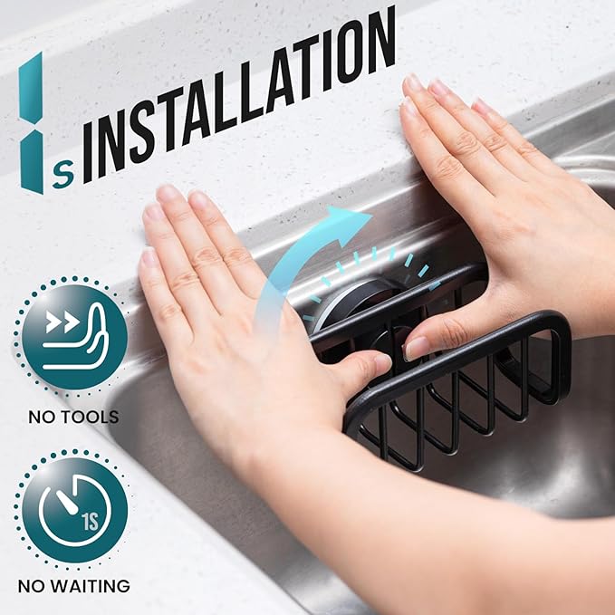 TAILI Sponge Holder for Kitchen Sink with Strong Suction Cup, Removable Sponge Holder, Rustproof Aluminum Sink Caddy for Sponges, Dish Brush - Black