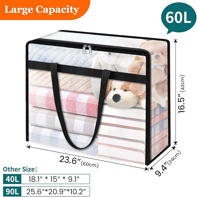 6 Pack Clear Storage Bags for Comforter, Clothes & Bedding, Plastic Blanket Storage with Zipper and Handle, Moving Bags, Closet Organizer and Under-Bed Storage (60L)