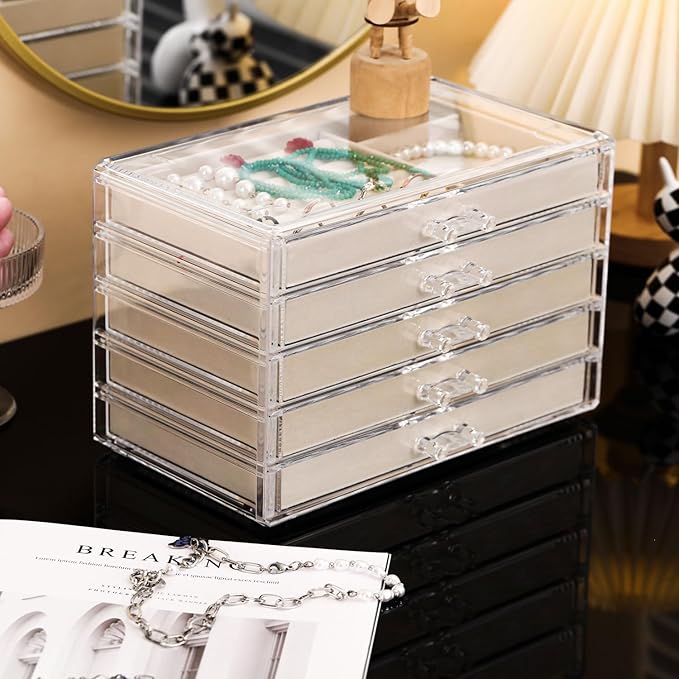 Necklace Organizer Box, Tray with 5 Drawers, Dustproof Velvet Necklaces Storage Holder Display Case, jewelry box for necklaces for Pendant Suitable for Women and Girls (5Drawer)