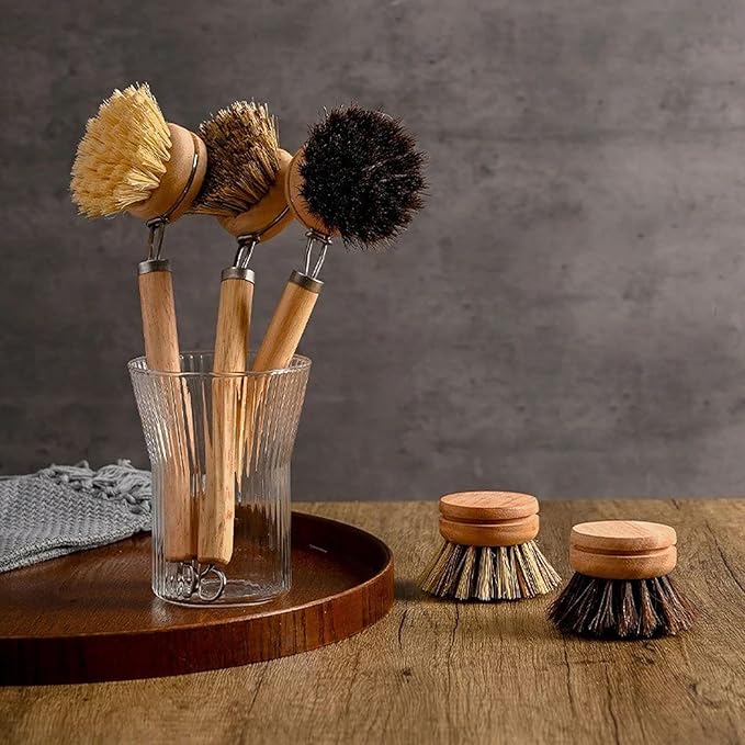 SUPRNN Bamboo Dish Brush with Handle, 1 Sturdy Wooden Handle with 3 Natural Bristle Heads, Horsehair, Sisal, Palm - All Purpose Kitchen Scrubber, Bamboo Wok Brush, Fruit and Veggie Scrubber
