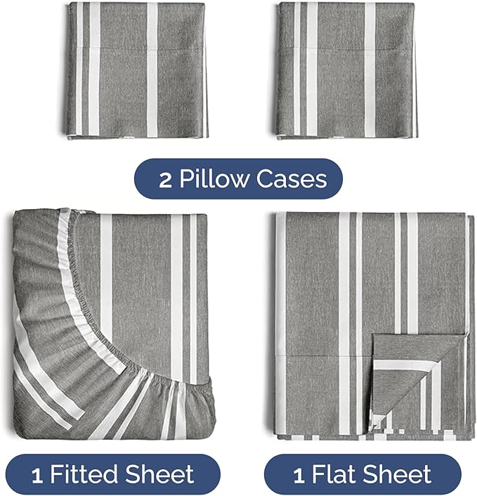 Twin XL 4 Piece Sheet Set - Comfy Breathable & Cooling - Soft Hotel Luxury Bedding Set with 8-16 Inch Deep Pockets - 1 Flat & 1 Fitted Sheet & 2 Pillowcases - Wrinkle Free & Easy Care - Grey Stripes 3