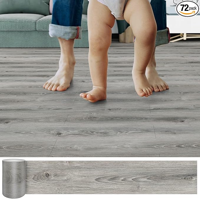 Lareko 108 Sq.Ft,Wood Peel and Stick Floor Tiles,72 Pack Grey Vinyl Flooring (No Adhesive Residue) 36"×6" Waterproof and Non-Slip Laminate Flooring for Renters Bathroom, Living Room(Smoke Grey）
