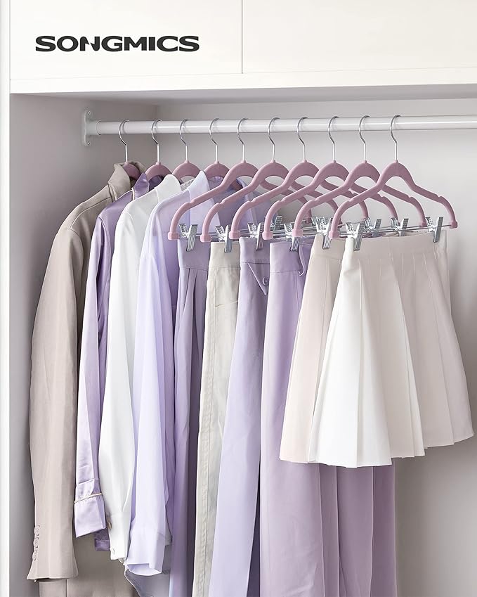 SONGMICS 30-Pack Pants Hangers, 16.7-Inch Long Velvet Hangers with Adjustable Clips, Heavy-Duty, Non-Slip Skirt Hangers, Space-Saving for Pants, Skirts, Coats, Dresses, Pale Purple UCRF012GP30