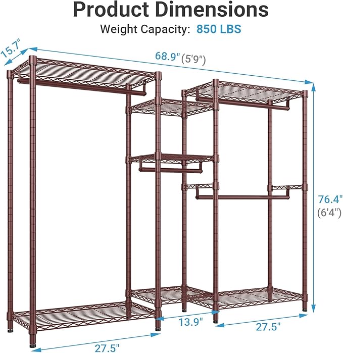 VIPEK Classic V6 Wire Garment Rack Heavy Duty Clothes Rack for Hanging Clothes, 5 Tiers Freestanding Closet Rack Large Size Metal Clothing Rack with 7 Shelves & 4 Hanging Rods, Max Load 850LBS, Bronze
