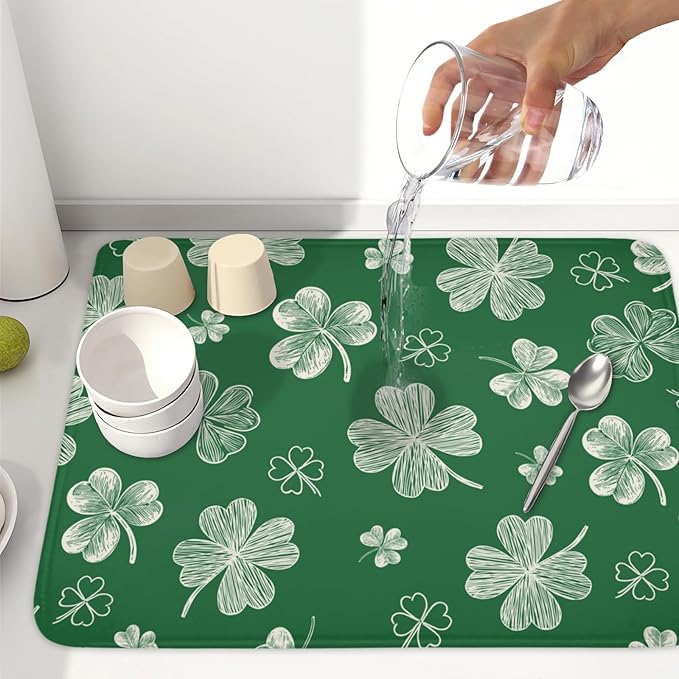 ABSOP St Patrick's Day Dish Drying Mat 18 x 24 Inch Green Shamrock Dish Drainer Rack Mat Absorbent Microfiber Mats for Spring Lucky Clovers Dish Pad for Kitchen Coffee Bar Decor