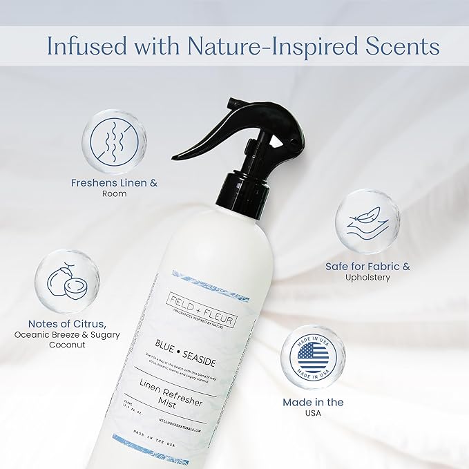 FIELD FLEUR Blue Seaside Linen & Room Spray 15.5 oz - Aromatic & Refreshing Bedding & Fabric Mist - Air Freshener for Clothes & Sofas - Notes of Citrus, Oceanic Breeze & Sugary Coconut -Made in USA