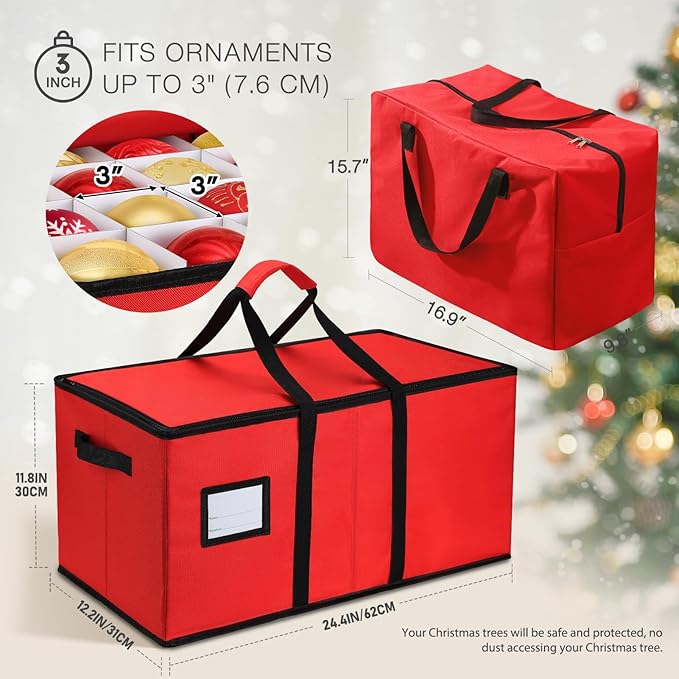 EIMMBD Christmas Ornament Storage Box and Bag, 3-Tray Organizer, Red, Large, 128 Ornaments, Waterproof, Zipper Closure