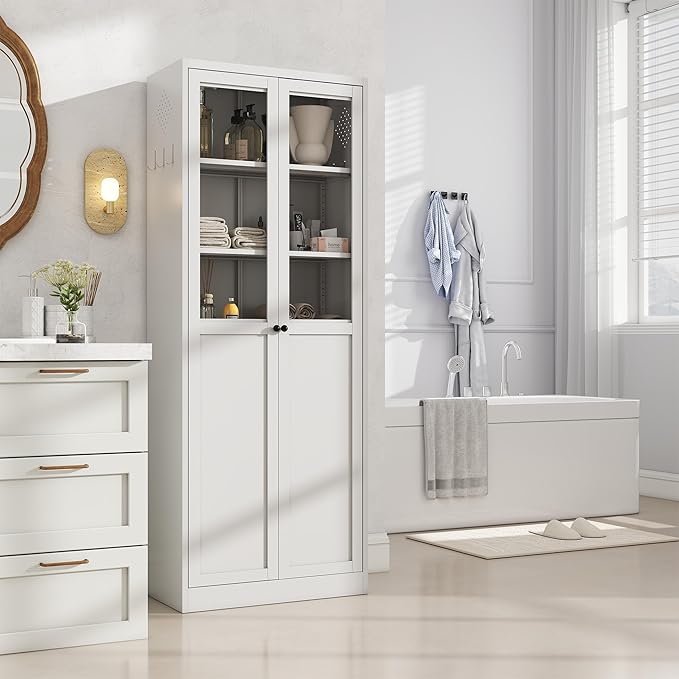 Kitchen Pantry Cabinet, 72" H Storage Cabinet with Glass Doors and Adjustable Shelves, Metal Bathroom Cabinets, Utility Cabinets for Kitchen, Living Room Assembly Required, White
