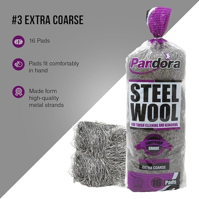 Pandora Steel Wool #3 – Extra Coarse Grade, 240 Pads for Tough Cleaning and Removing - Metal Strands - Ideal to Remove Rust, Grime, and Stubborn Stains