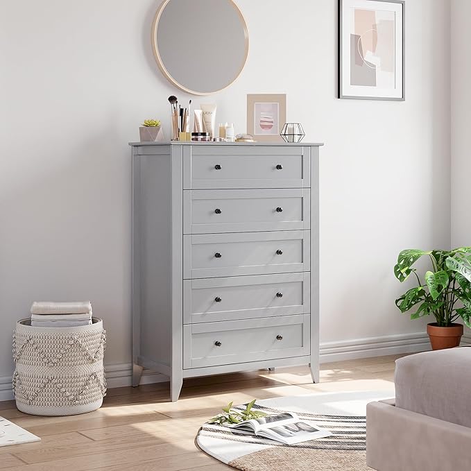 Modern 5 Drawers Dresser for Bedroom, Tall Wood Chest of Drawers for Clothes, Big Storage Dressers Organizer with Gold Handles & Deep Drawers, Living Room, Closet, Hallway, Grey