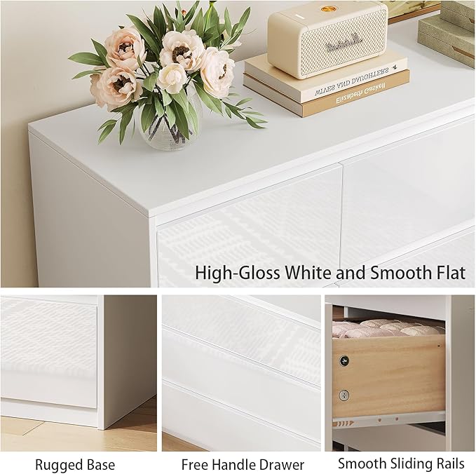 White Dresser for Bedroom,60.4" W High Gloss Large 9 Drawers Dressers with Handle Free, Wide High Gloss Chest of Drawers Large, Long Modern Storage Drawer Dresser for Bedroom, Living Room