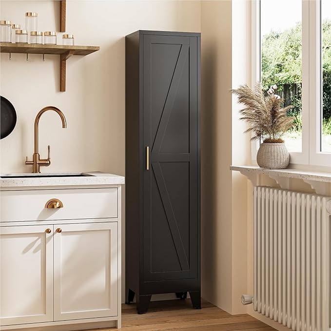 67" Tall Storage Cabinet with Reversible Doors and Adjustable Shelves,Metal Slim Freestanding Cabinets for Bathroom Kitchen Garage Small Spaces,Black