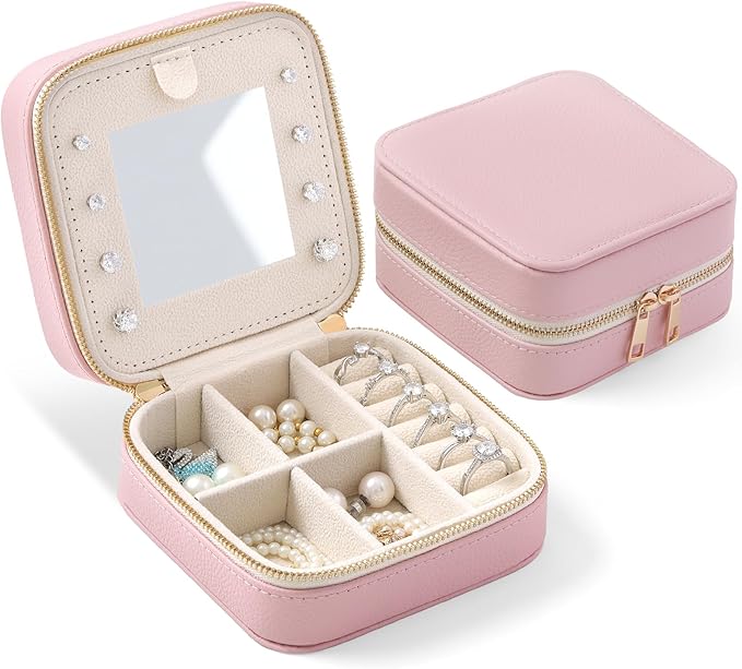 Genuine Leather Travel Jewelry Organizer Case with Mirror for Women, Small Mini Portable Jewelry Box for Ring Earrings Necklace Bracelet Luxury Gift for Women（Pink）