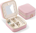 Genuine Leather Travel Jewelry Organizer Case with Mirror for Women, Small Mini Portable Jewelry Box for Ring Earrings Necklace Bracelet Luxury Gift for Women（Pink）