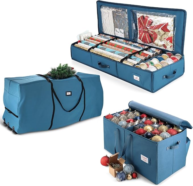 Hearth & Harbor Christmas Tree Storage Bag 7.5 ft, Wrapping Paper Storage Organizer Container & Large Christmas Ornament Storage Box With Adjustable Dividers