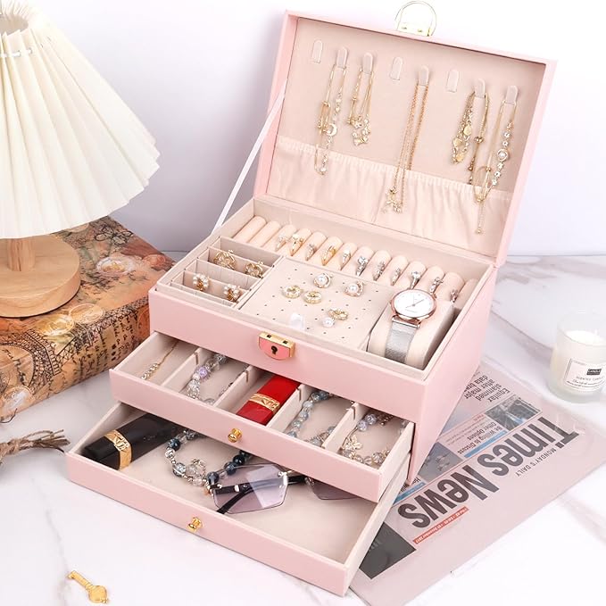 3 Layer Jewelry Box with Drawers, Lockable Jewelry Organizer for Necklace Earring Ring Bracelet Watch, PU Leather Storage, Pink