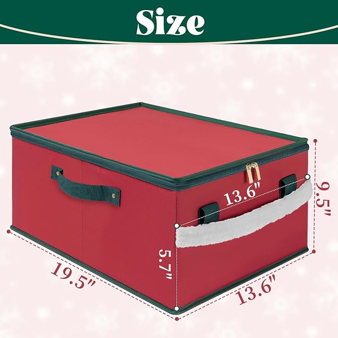 Christmas Ornament Storage Box Holiday Ornaments Storage Container Bin Zippered Top Ball Storage with Adjustable Dividers Holds 72 Ornaments (3 Inch) Red
