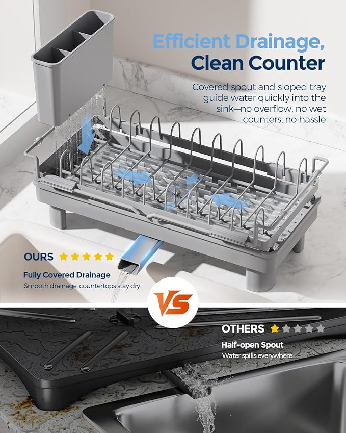 Nacial 2-in-1 Small Dish Drying Rack Fits 14''–21.8'' Sink, Dish Drainers for Kitchen Counter Extend Kitchen Sink Drain Basket with Utensil Holder & Auto-Drain Tray, Stainless Steel Plate Rack, Gris