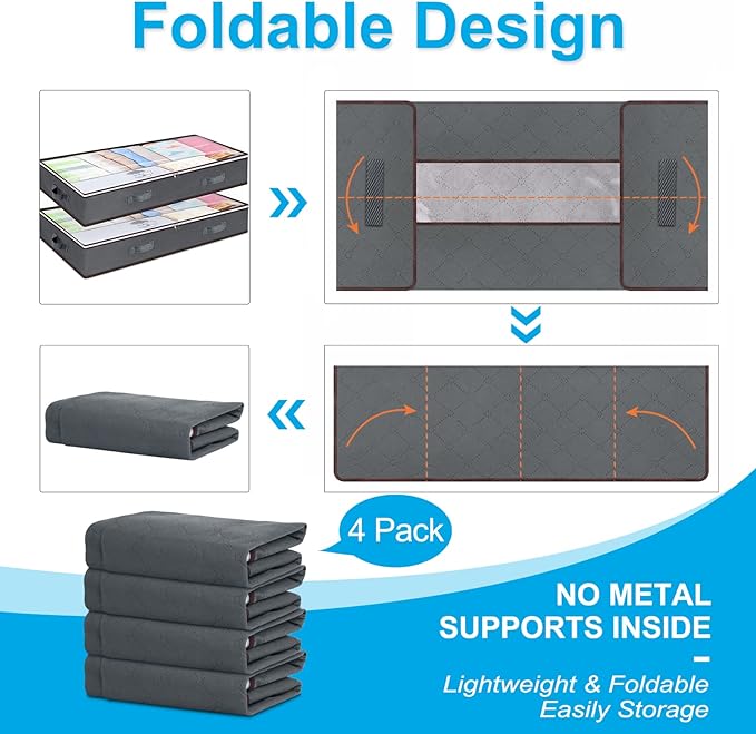 Budding Joy 90L Under Bed Storage Containers, Closet Organizers and Storage Bins, Foldable Underbed Storage Bags for Wrapping Paper, Blanket, Clothing, Comforter, Sweaters, Pillows, Linen Sheets, Grey