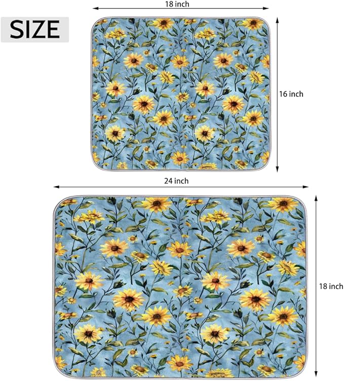 Hexteria Sunflower Dish Drying Mats for Kitchen Counter, Quick Dry Dish Mat 16 x 18 Inches, Dishes Draining Mats Foldable Dish Rack Pad, Sunflower