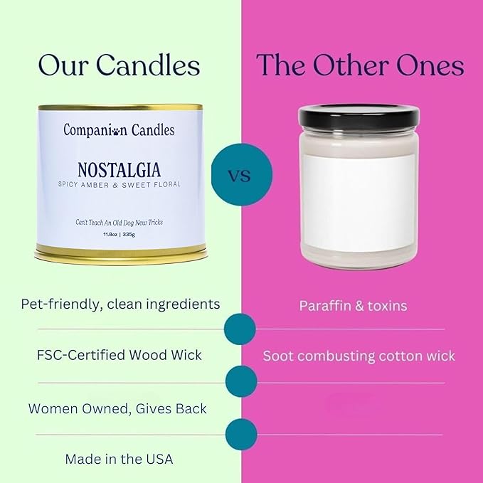 Companion Candles Pet Safe Wood Wick Candle - “Nostalgia” Spicy Amber & Sweet Florals, Coconut Soy Wax Scented, Over 50 Hr Burn Time, Non-Toxic, Women-Owned, Made in USA (11.8 oz.)