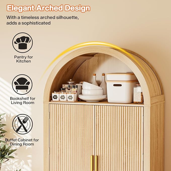 71" Tall Arched Pantry Cabinet, Arched Fluted Kitchen Storage Cabinet with Doors and Adjustable Shelves, Modern Natural Wood Cupboard Organizer for Kitchen, Dining Room, Living Room
