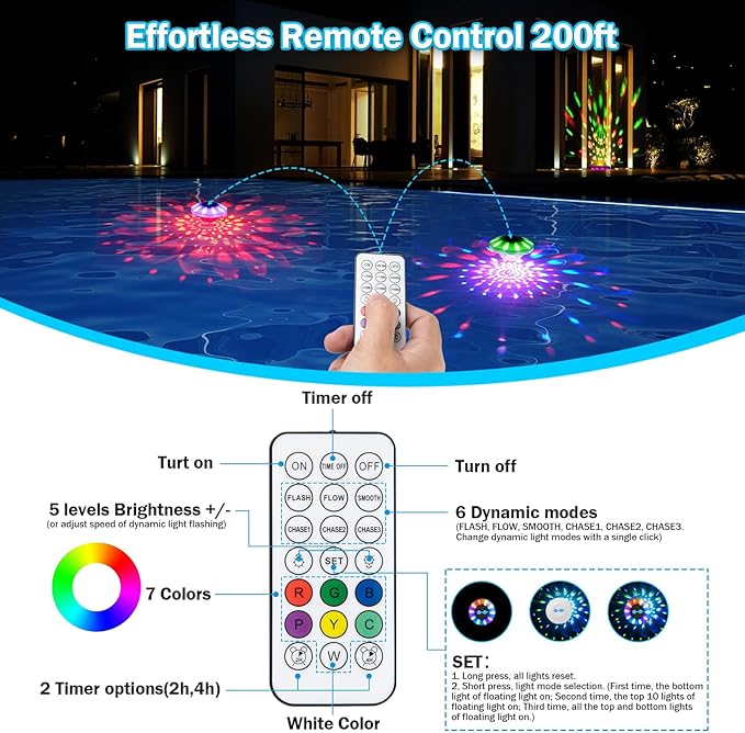 Floating Pool Lights, Rechargeable Pool Lights with Remote, 4000mAh IP68 Waterproof 6 Dynamic Lighting Effects Upper and Lower RGB Color Changing Floating Hot Tub Light for Bath Pond 4 Pack