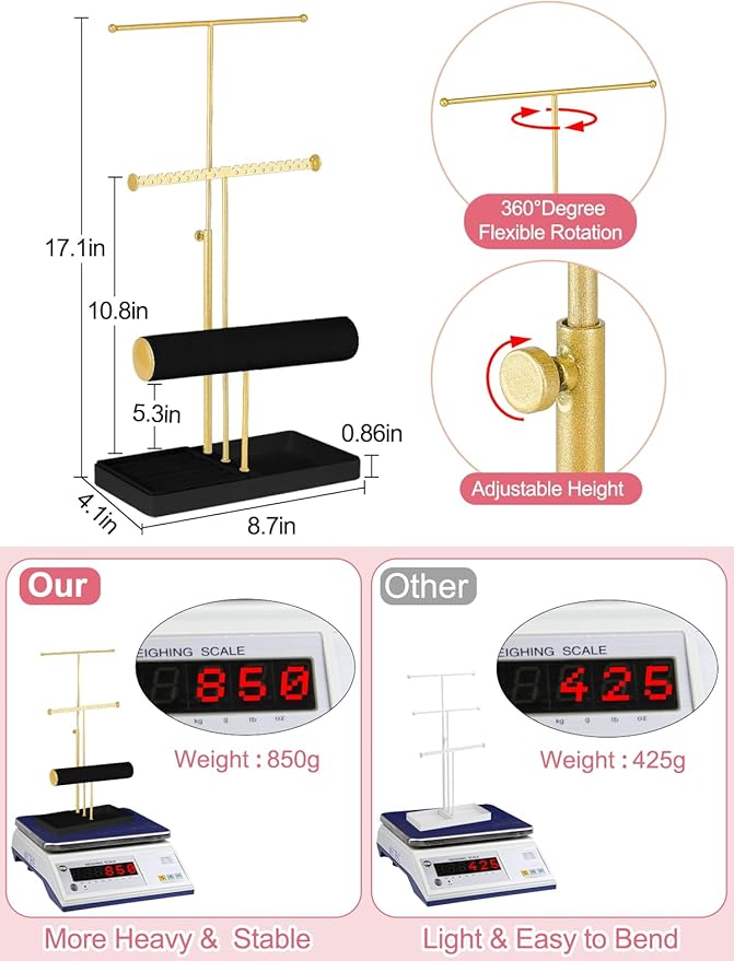 Jenseits Jewelry Organizer Holder Stand, 3 Tier Jewelry Organizers and Storage w/Bracelet Holder & Velvet Rings Tray, Cute Necklace Holder Hanger Towers Rack for Girl Women Men Room/Dorm Decor-Black