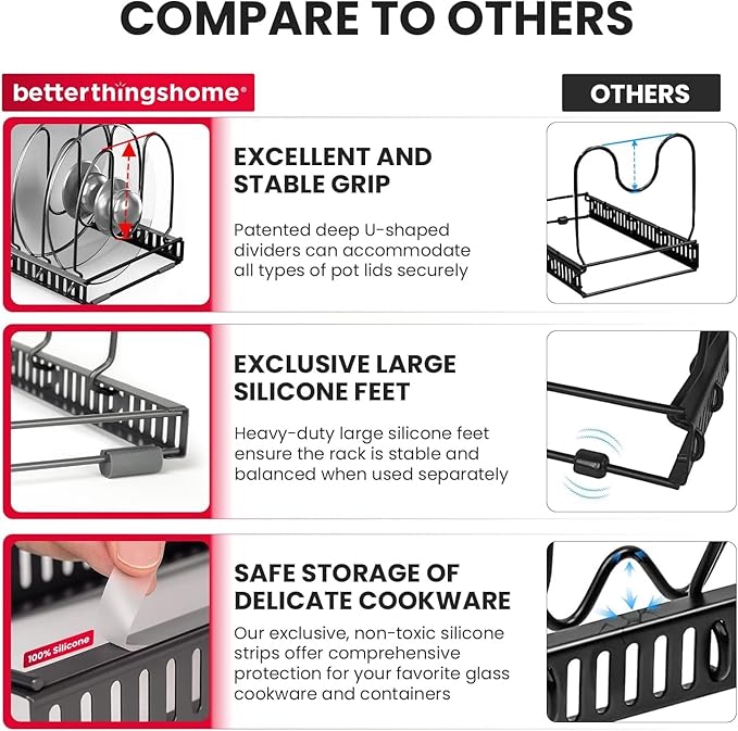 Better Things Home 12-Slot Adjustable Pan and Pot Lid Organizer with Scratch-Free Pads, Expandable Pot Lid Holder Rack for Cabinet, Pots and Pans Organizer Inside Cabinet