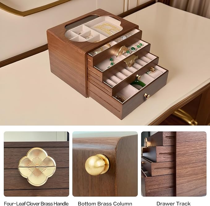 Black Walnut Jewelry Box for Women, 4-Layer Wooden Organizer with Glass Lid, for Watches, Necklaces, Rings & Earrings Storage Gifts