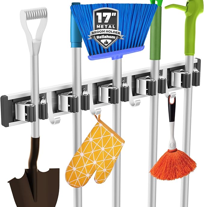 reliahom Broom Holder Wall Mount Mop and Broom Hanger Wall Mounted Garage Storage Rack Kitchen Garden Tool Organizer (5 Racks with 4 Hooks, Black)