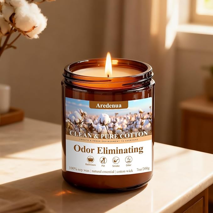 Clean & Pure Cotton Odor Eliminating Candles | Eliminates 95% of Pet, Bad Smell & Bathroom Odors – 7 oz Hand Poured Non-Toxic Soy Candle - Fresh Air Scented Candle Gentle for Pet - Gifts for Families
