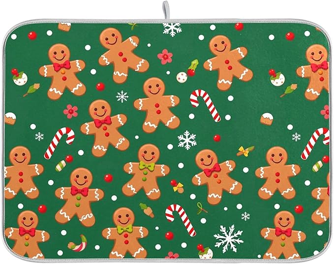 Christmas Gingerbread Man Dish Drying Mat for Kitchen Countertop 18x24 Winter Snowflake Candy Cane Green Large Drying Mat Reusable Quick Dry Dish Sink Mats Easy Clean Decorative Essentials