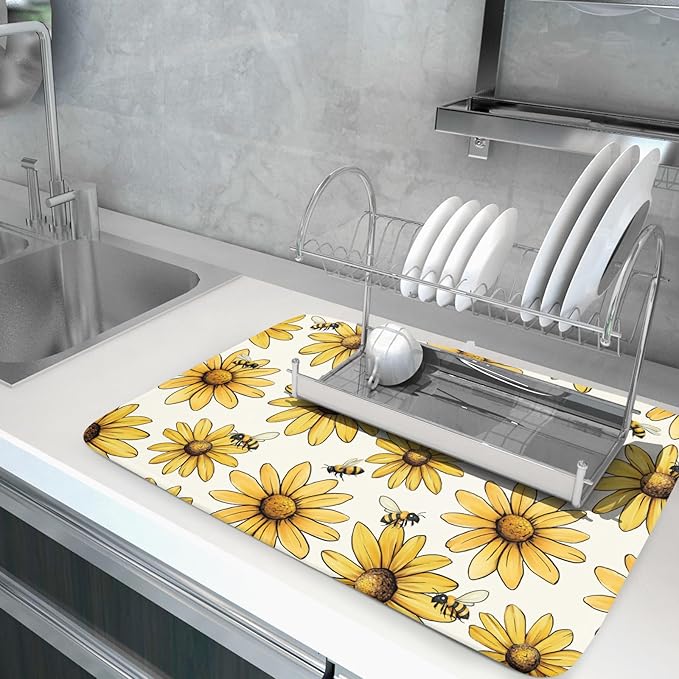 ABSOP Spring Summer Sunflower Bee Dish Drying Mat of Kitchen Counter 18×24 Inch Floral Drainer Pad Flower Dish Rack Pad Drainer Mat Washable Absorbent Reversible Microfiber for Coffee Bar